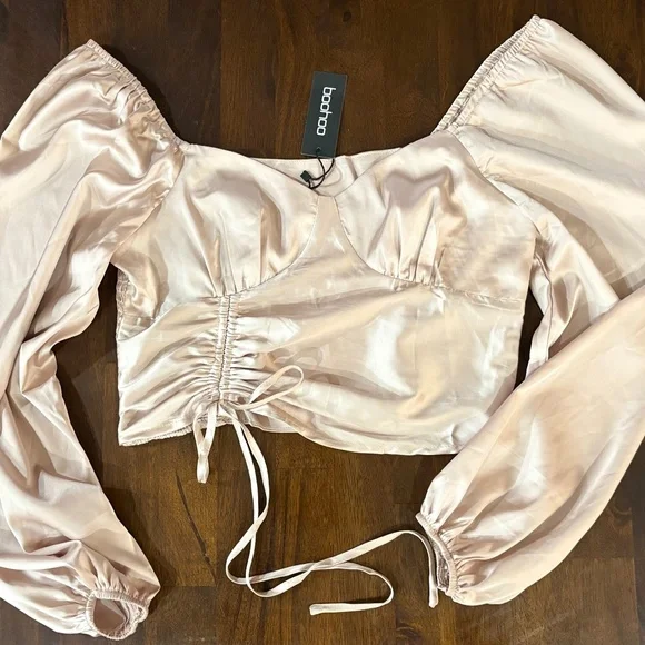 boohoo Satin Ruched Volume Sleeve Corset Top, US size 8 - Picture 4 of 7